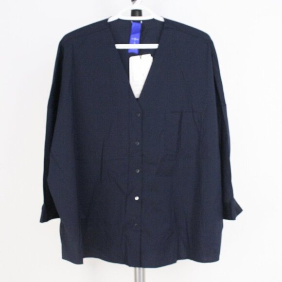 NWT Kit & Ace‎ Stretch Shirting Navy V-Neck Button Down Blouse Oversized Size S - Picture 2 of 9